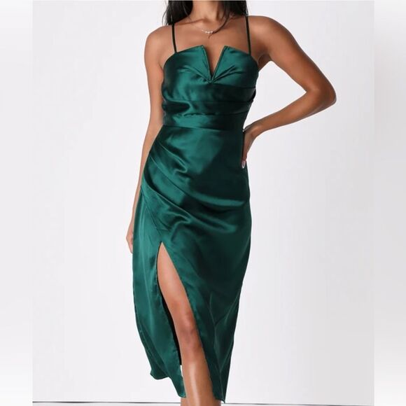 LULUS SIZE MED DOWN TO DANCE EMERALD GREEN SATIN GATHERED TULIP MIDI DRESS - Picture 1 of 14